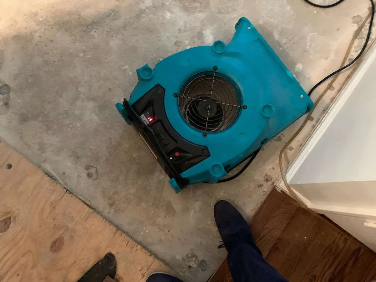 Air mover drying subfloor during Leak Detection & Repair in St. Louis
